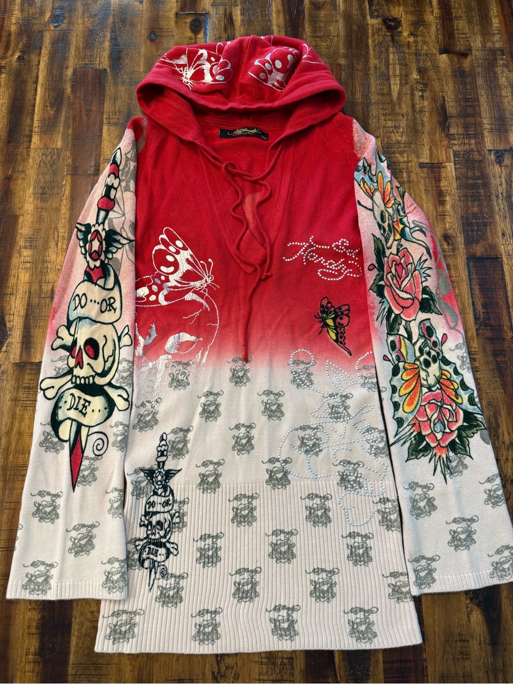 Ed Hardy Love Kills Slowly knitted drawstring hoodie Y2K Red butterfly rare